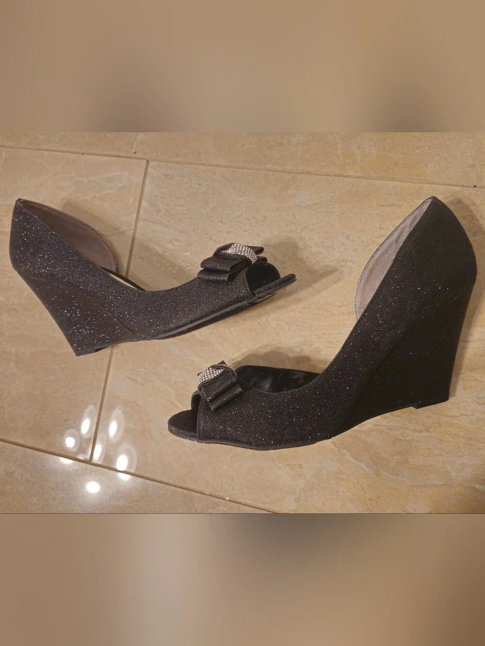 Nina Black Glitter Open-Toe Heels with Rhinestone Bow